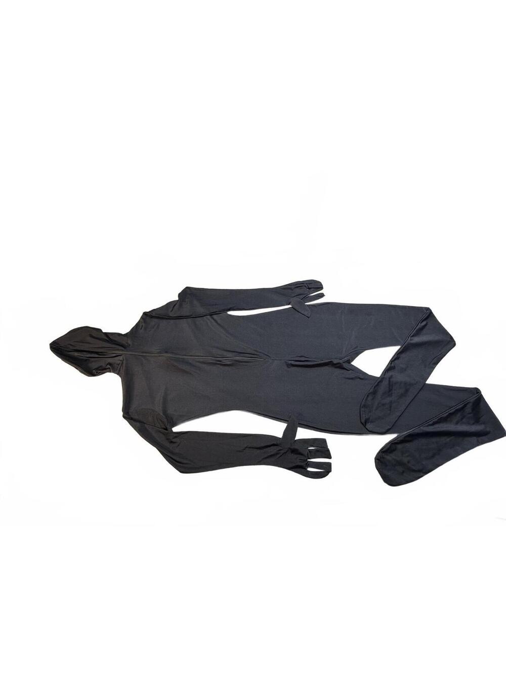 HALLOWEEN COSTUME Black Hooded Stretch Full Body Catsuit Jumpsuit Size S